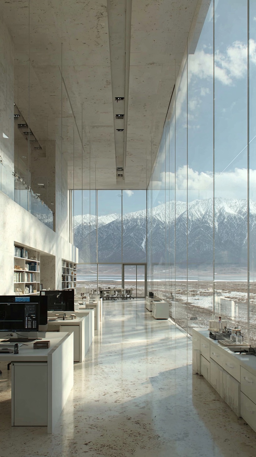 Research laboratory with view of Lake Issyk-Kul and Tian Shan mountains